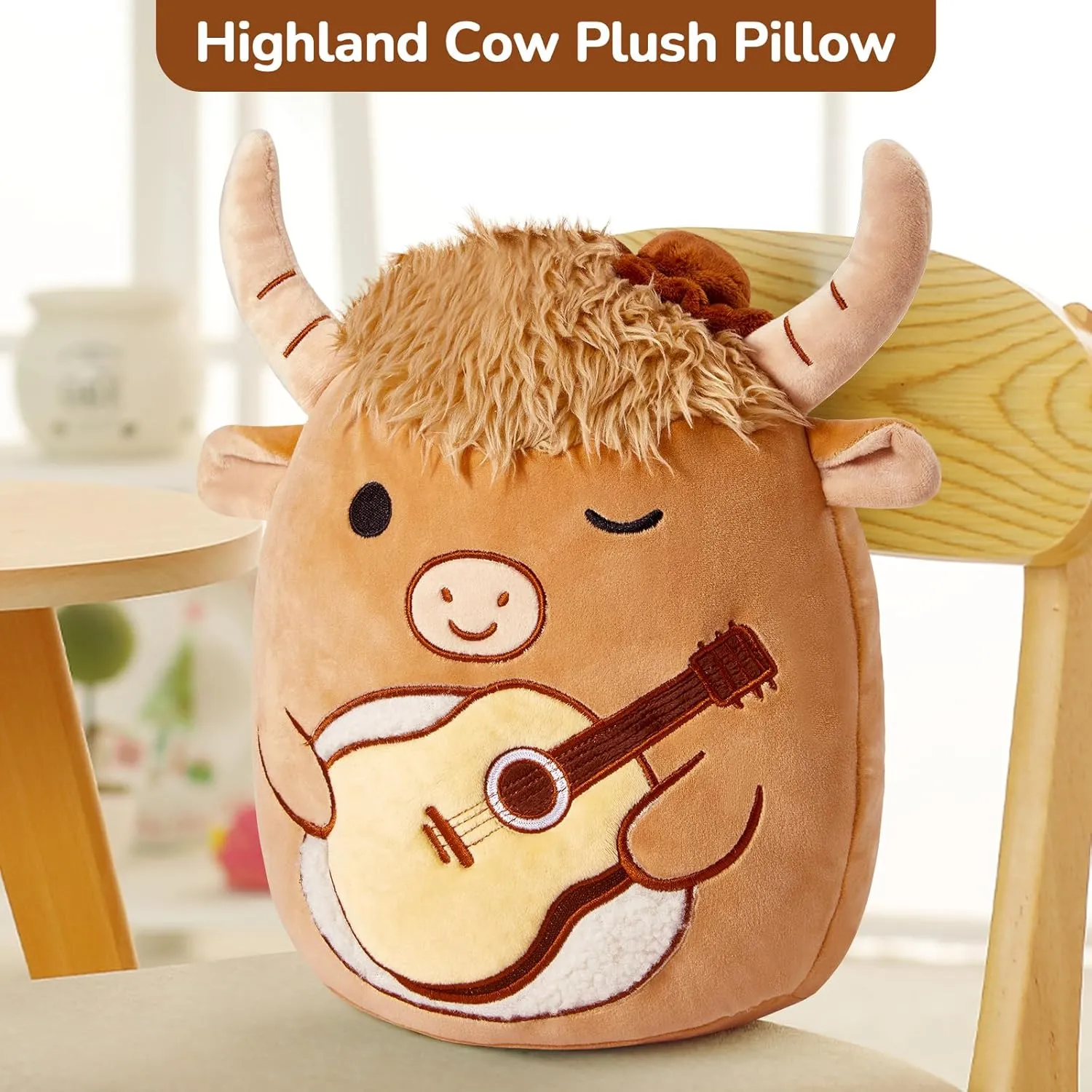 Stuffed Animal Soft Toy - Birthday Gift for Boys Girls hone nerve Kids - Brown Cow Holding Guitar Glow Guards 12'' Scottish Highland Cow Plush Pillow - Cute 