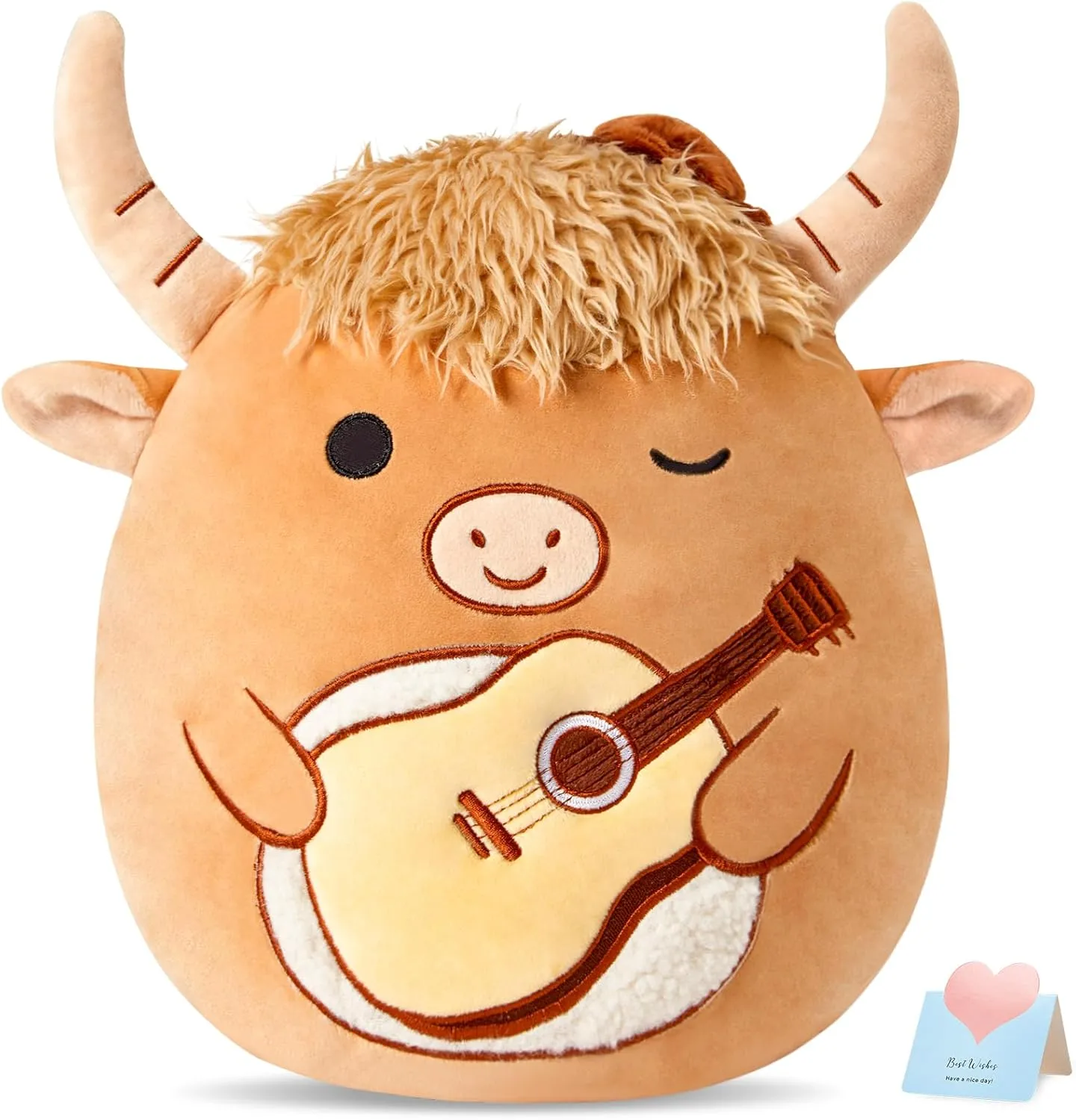 Stuffed Animal Soft Toy - Birthday Gift for Boys Girls hone nerve Kids - Brown Cow Holding Guitar Glow Guards 12'' Scottish Highland Cow Plush Pillow - Cute 