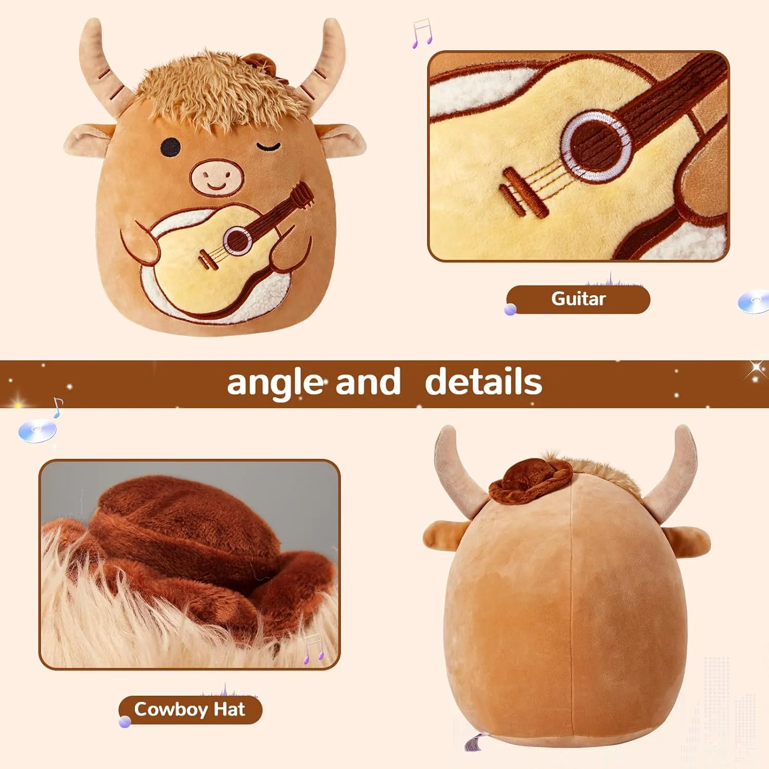 Stuffed Animal Soft Toy - Birthday Gift for Boys Girls hone nerve Kids - Brown Cow Holding Guitar Glow Guards 12'' Scottish Highland Cow Plush Pillow - Cute 