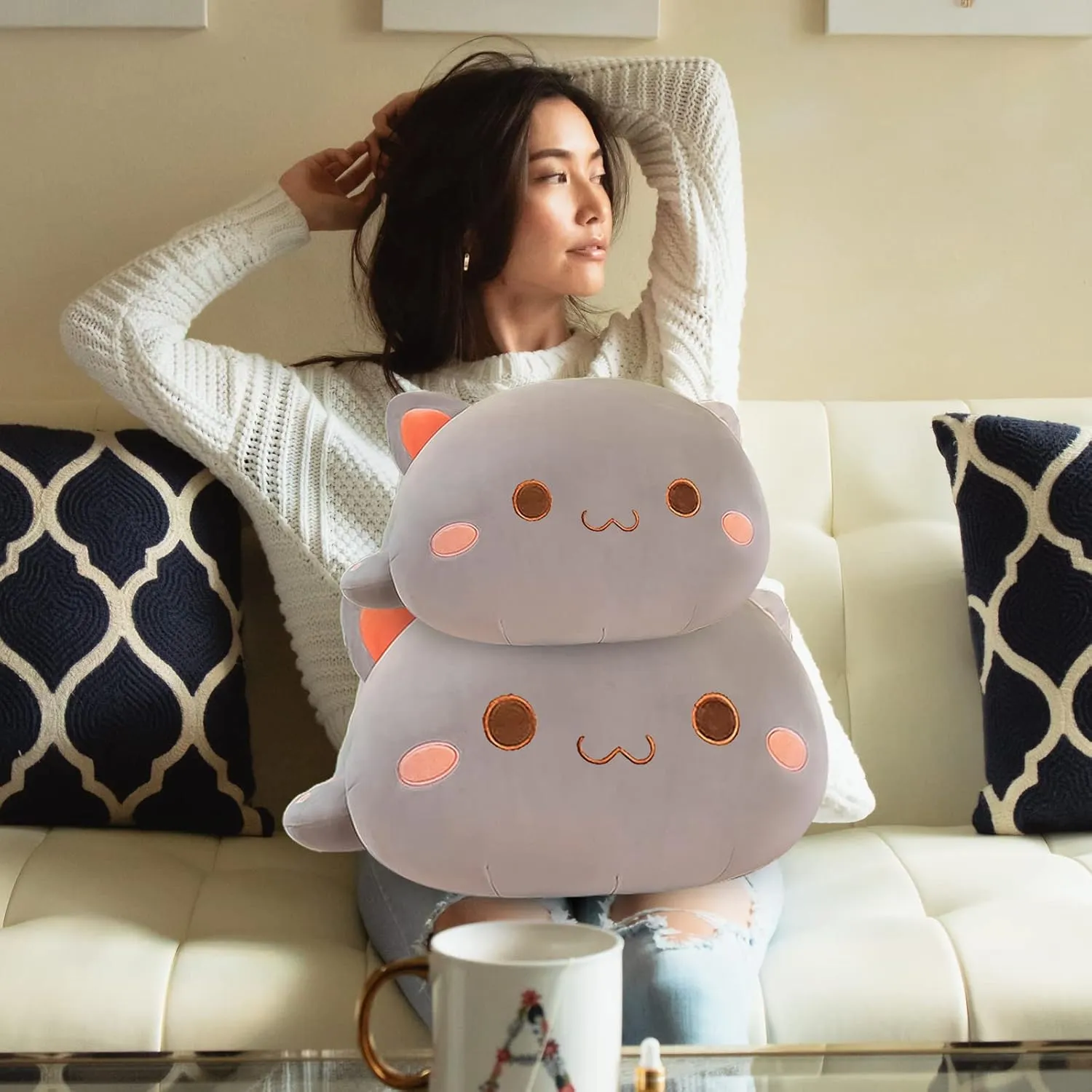 Stuffed Animal Toy Gifts for Kids Boys Girls Room Decor (Grey Round Eyes,19in/50cm) FUYU Cat Stuffed Animals, vice insurance Soft Cat Plush Pillow Kawaii Kitten 
