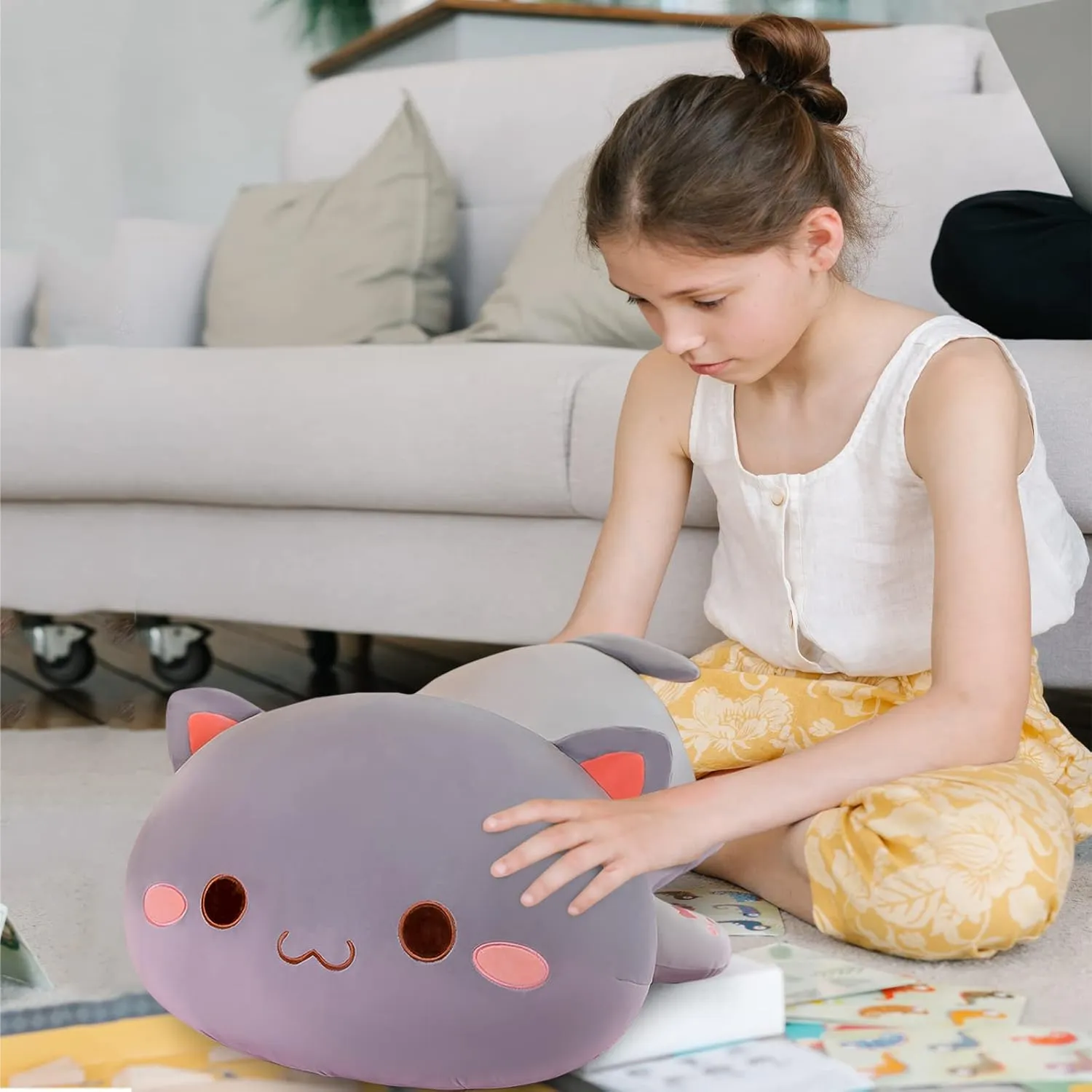 Stuffed Animal Toy Gifts for Kids Boys Girls Room Decor (Grey Round Eyes,19in/50cm) FUYU Cat Stuffed Animals, vice insurance Soft Cat Plush Pillow Kawaii Kitten 