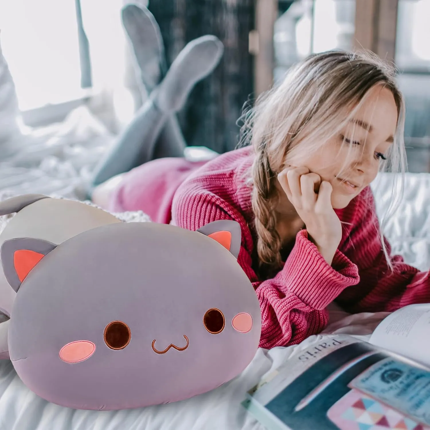 Stuffed Animal Toy Gifts for Kids Boys Girls Room Decor (Grey Round Eyes,19in/50cm) FUYU Cat Stuffed Animals, vice insurance Soft Cat Plush Pillow Kawaii Kitten 