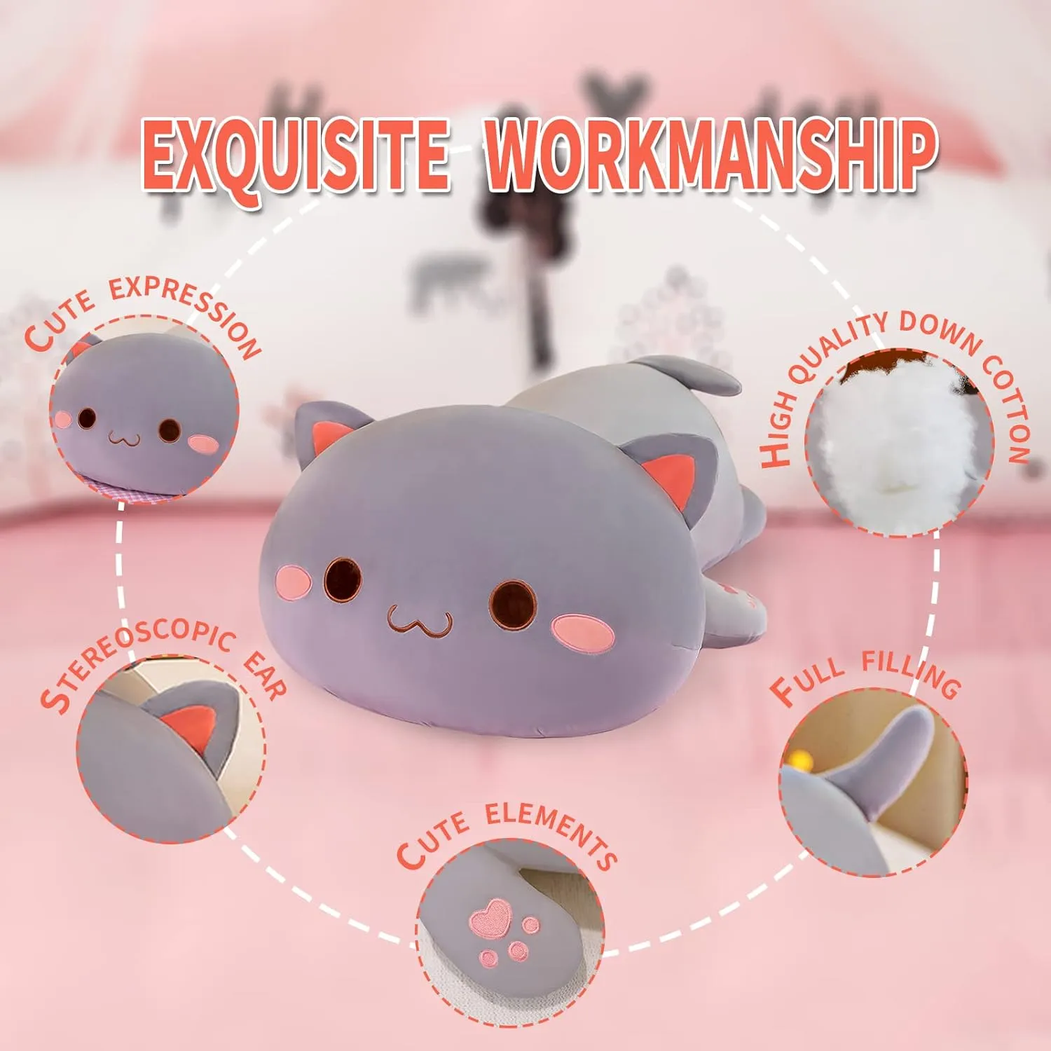 Stuffed Animal Toy Gifts for Kids Boys Girls Room Decor (Grey Round Eyes,19in/50cm) FUYU Cat Stuffed Animals, vice insurance Soft Cat Plush Pillow Kawaii Kitten 