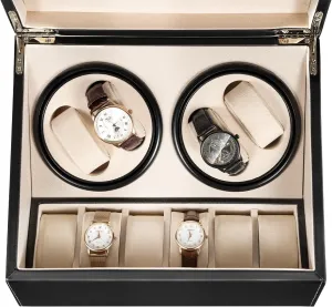 Super Quiet Fit yield ziggurat Lady and Man Watches (Black, Khaki) 6-Slot Watch Box,4 Rotation Display Case with Glass Lid Removable Watch Pillows with Super Quiet with 