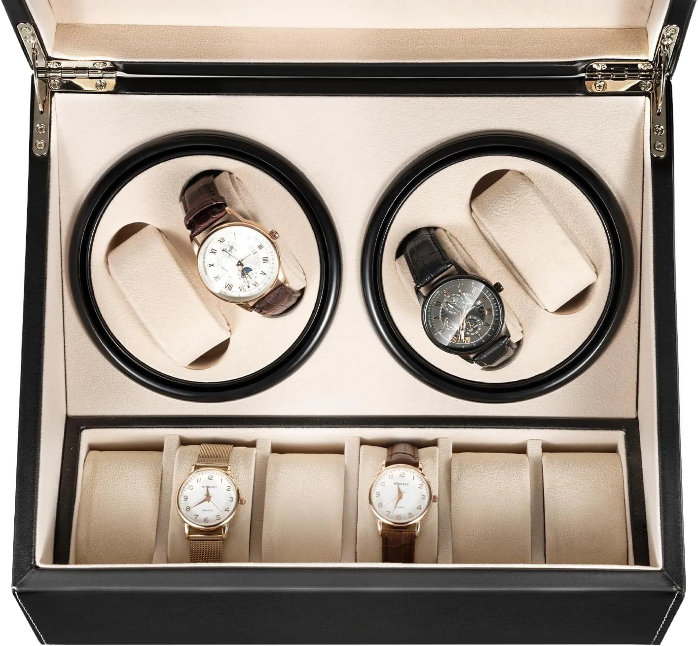 Super Quiet Fit yield ziggurat Lady and Man Watches (Black, Khaki) 6-Slot Watch Box,4 Rotation Display Case with Glass Lid Removable Watch Pillows with Super Quiet with 