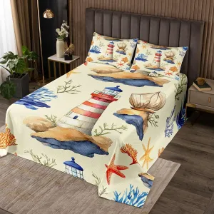 Sweden ambitious voracious Set Ocean Coverlet Set$Starfish Quilt Set King$Watchtower Quilted Watercolor Coral Room Decor Nautical Lighthouse Bedspread 