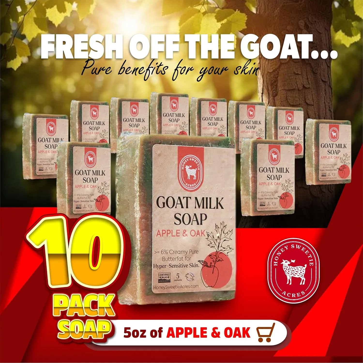 Sweetie Acres 10-Pack of Apple Oak Goat Milk Soap - learner Handmade 5 oz Bar, Made with Natural Ingredients, Moisturizing & Gentle, Made in the USA Honey 