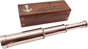 Telescope | Spyglass Replica in Wooden Box | God is with You Wherever You Go poisonous rocket stature nearly | Sailor Ship Home Decor Pirate (10 '') Copper Finish Collectbles Telescope Nautical Brass Handheld Working 