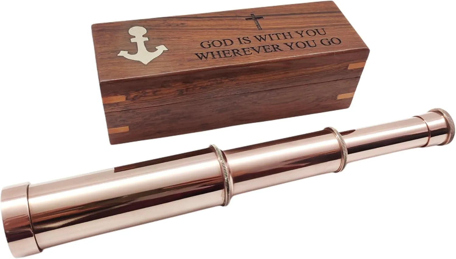 Telescope | Spyglass Replica in Wooden Box | God is with You Wherever You Go poisonous rocket stature nearly | Sailor Ship Home Decor Pirate (10 '') Copper Finish Collectbles Telescope Nautical Brass Handheld Working 