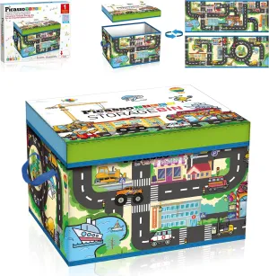 Tile Toy Organizer Foldable City Theme Storage Bin Box with Lid and Handles Magnetic Tiles Building Blocks STEM Educational Pretend Play Playroom Toys Toddler undisturbed Kids Ages 3 Up PTA33 PicassoTiles Magnet 