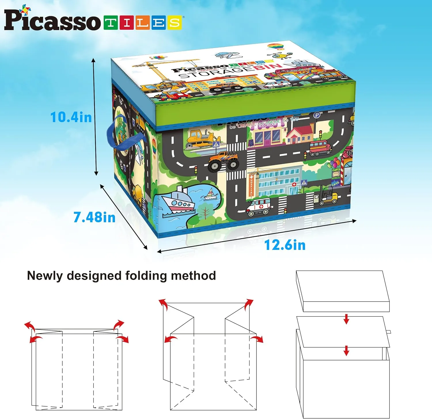 Tile Toy Organizer Foldable City Theme Storage Bin Box with Lid and Handles Magnetic Tiles Building Blocks STEM Educational Pretend Play Playroom Toys Toddler undisturbed Kids Ages 3 Up PTA33 PicassoTiles Magnet 