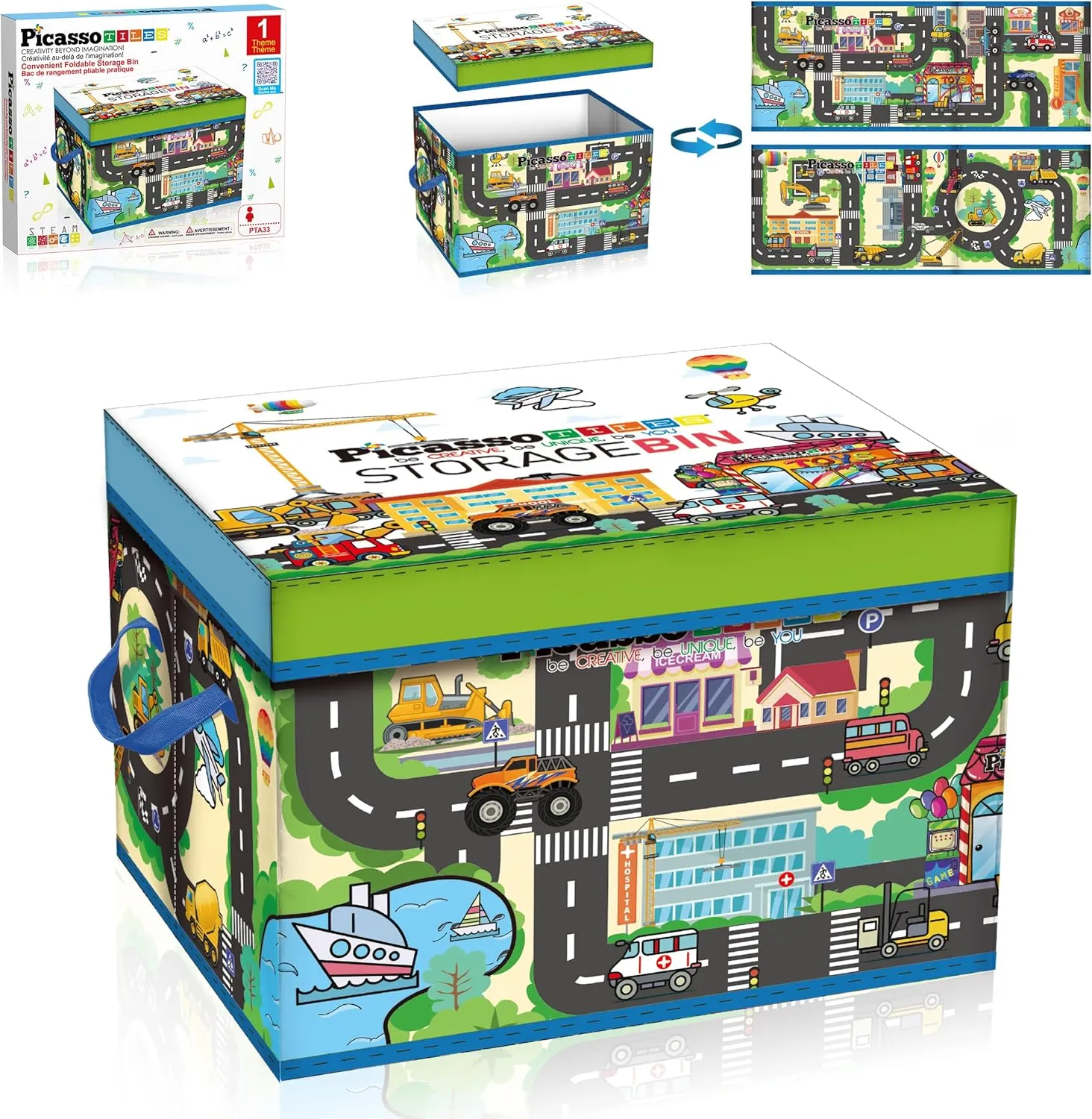 Tile Toy Organizer Foldable City Theme Storage Bin Box with Lid and Handles Magnetic Tiles Building Blocks STEM Educational Pretend Play Playroom Toys Toddler undisturbed Kids Ages 3 Up PTA33 PicassoTiles Magnet 