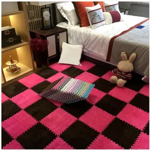 Tiles for Parlor Bedroom, Plush Puzzle Foam Floor inch Mat Carpet 12x12in Carpet Puzzle Mats for Floor(Dark Brown Rose Red) 20pcs Square Fluffy Interlocking Carpet 