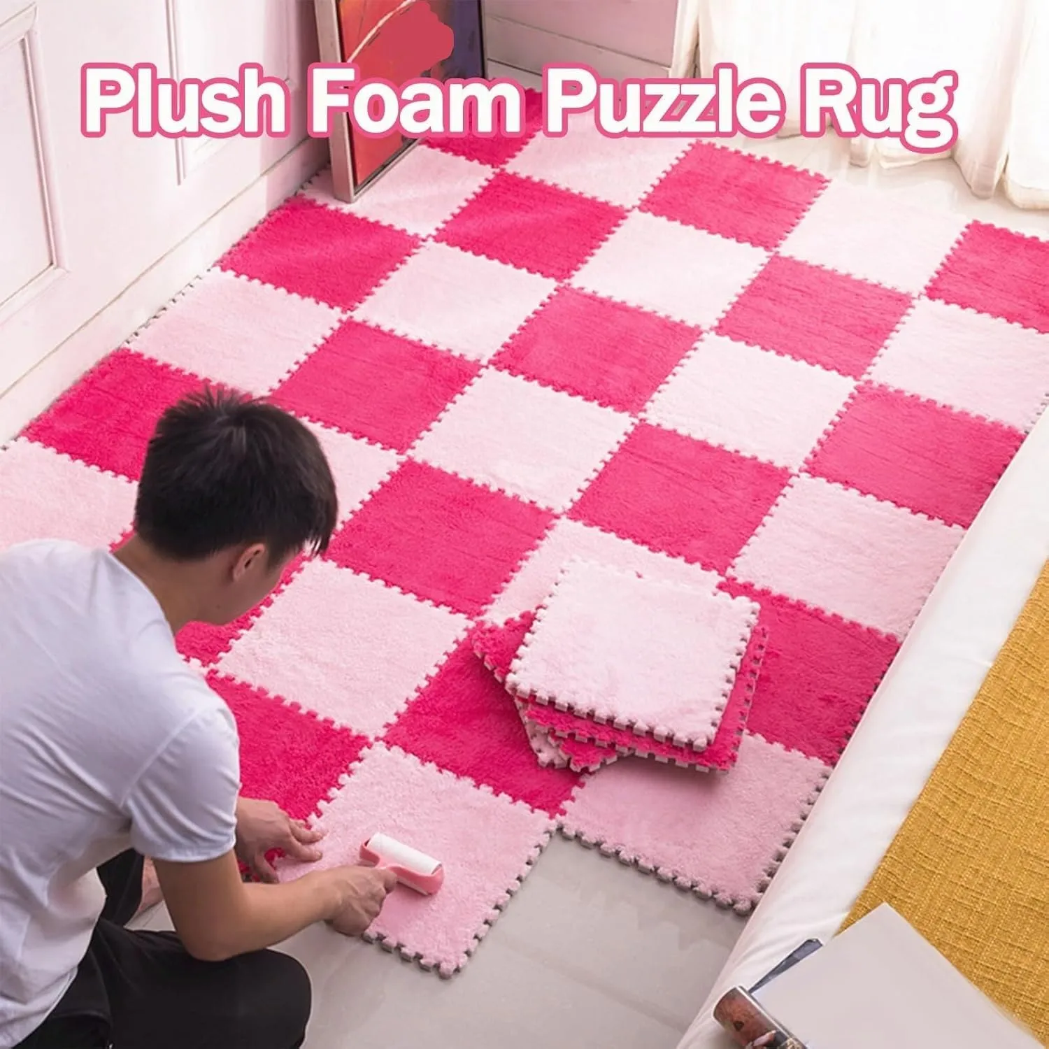 Tiles for Parlor Bedroom, Plush Puzzle Foam Floor inch Mat Carpet 12x12in Carpet Puzzle Mats for Floor(Dark Brown Rose Red) 20pcs Square Fluffy Interlocking Carpet 