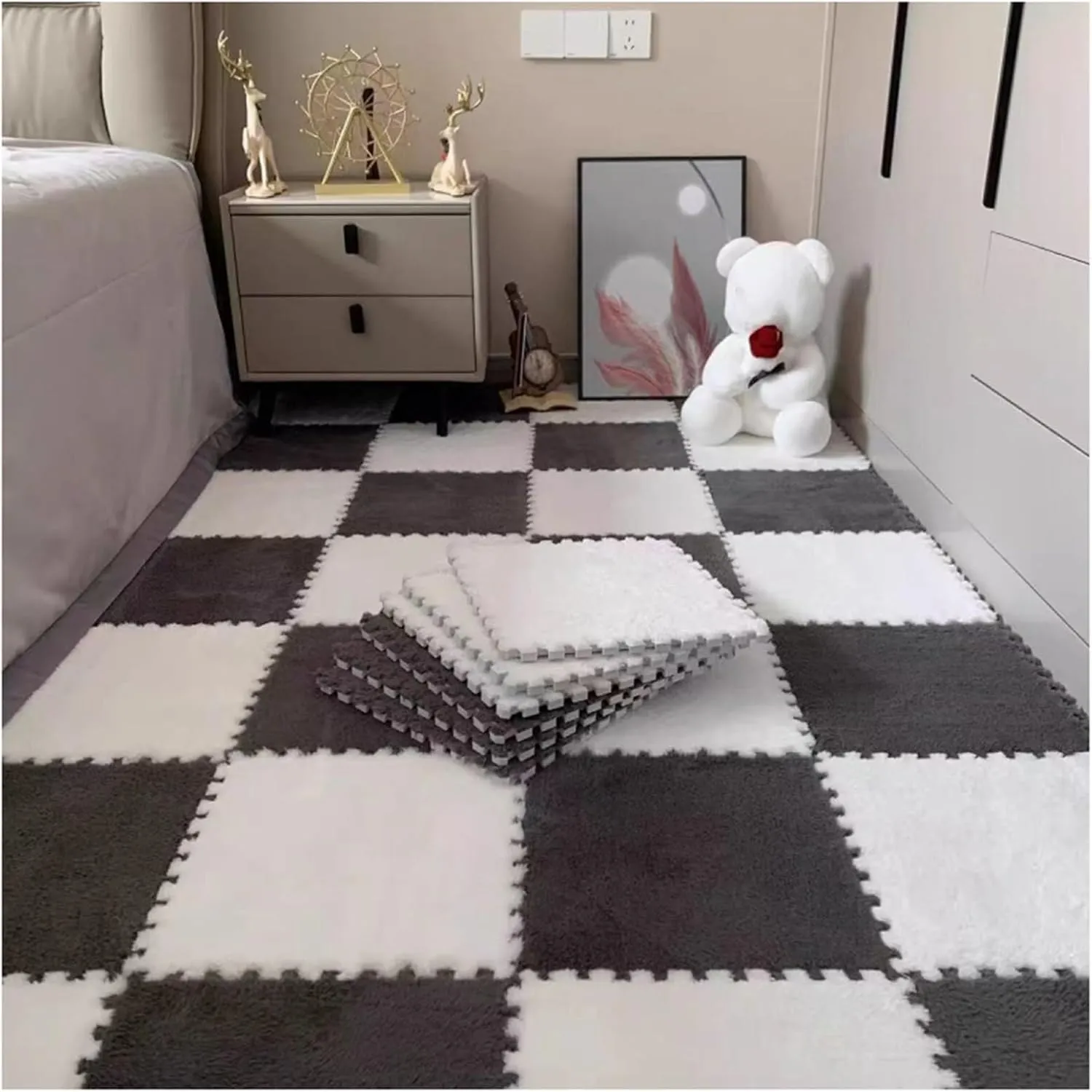 Tiles, Puzzle Mat for Floor Protection, Area Rugs with Border(Light lade Gray White) 60 PCS - Plush Foam Floor Mats, 0.4" Thick Fluffy Square Interlocking Foam Carpet 