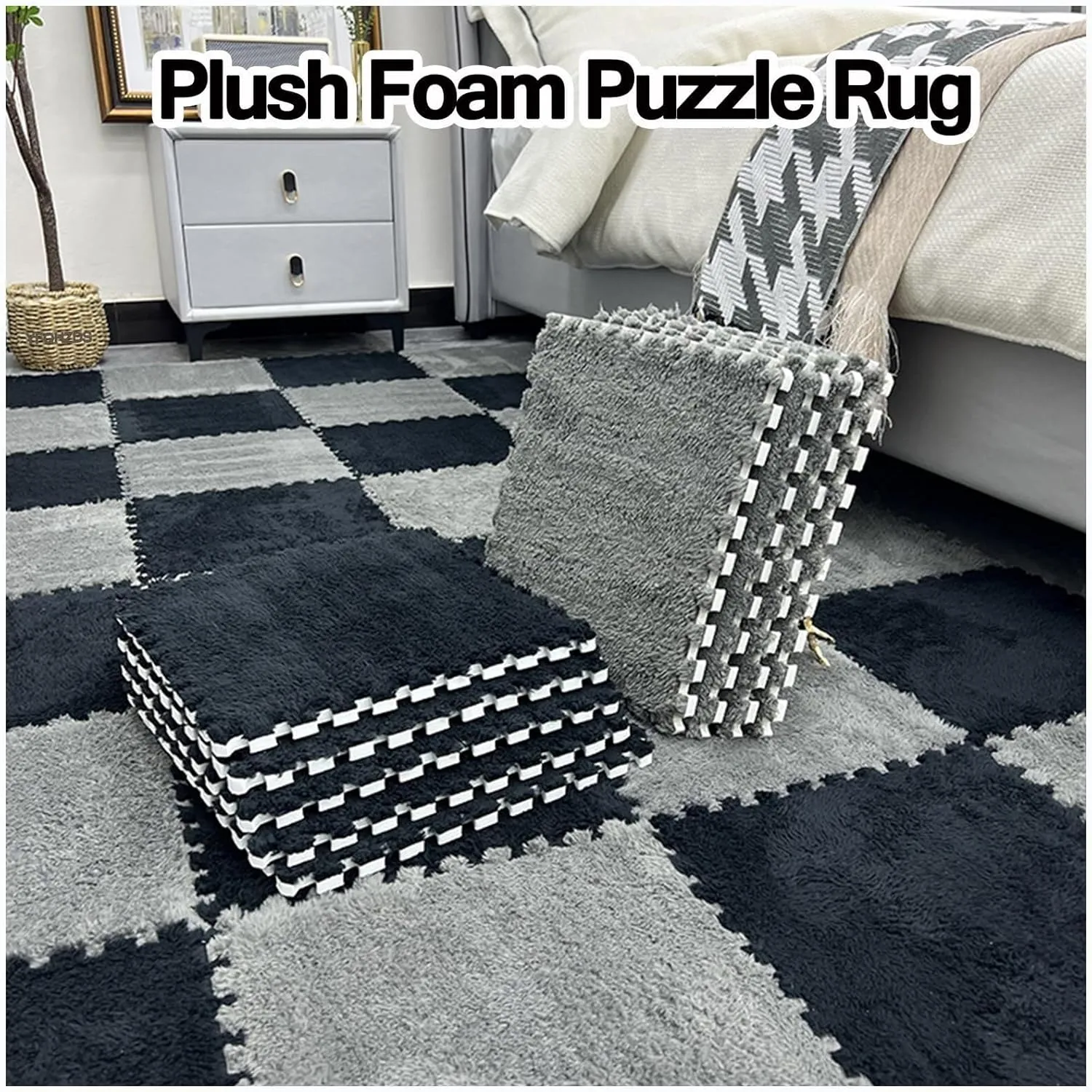 Tiles, Puzzle Mat for Floor Protection, Area Rugs with Border(Light lade Gray White) 60 PCS - Plush Foam Floor Mats, 0.4" Thick Fluffy Square Interlocking Foam Carpet 