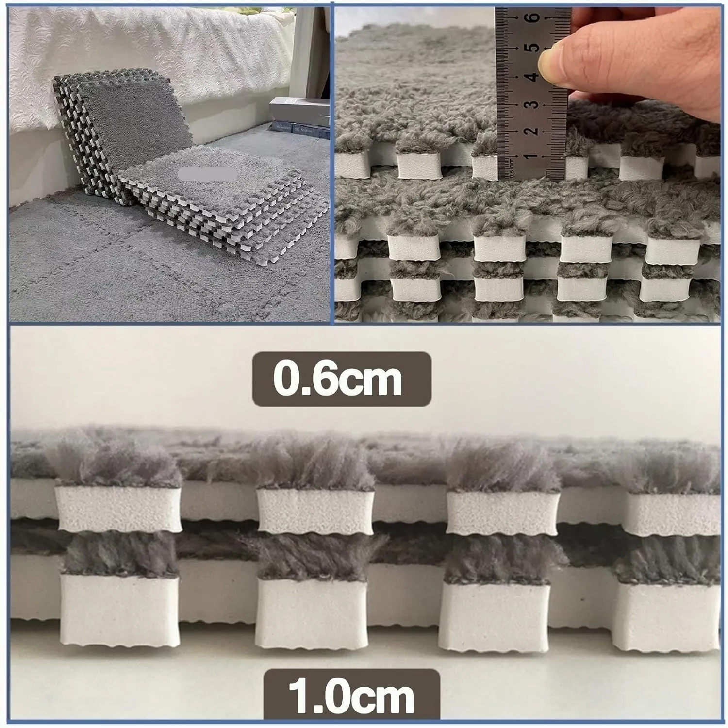 Tiles, Puzzle Mat for Floor Protection, Area Rugs with Border(Light lade Gray White) 60 PCS - Plush Foam Floor Mats, 0.4" Thick Fluffy Square Interlocking Foam Carpet 