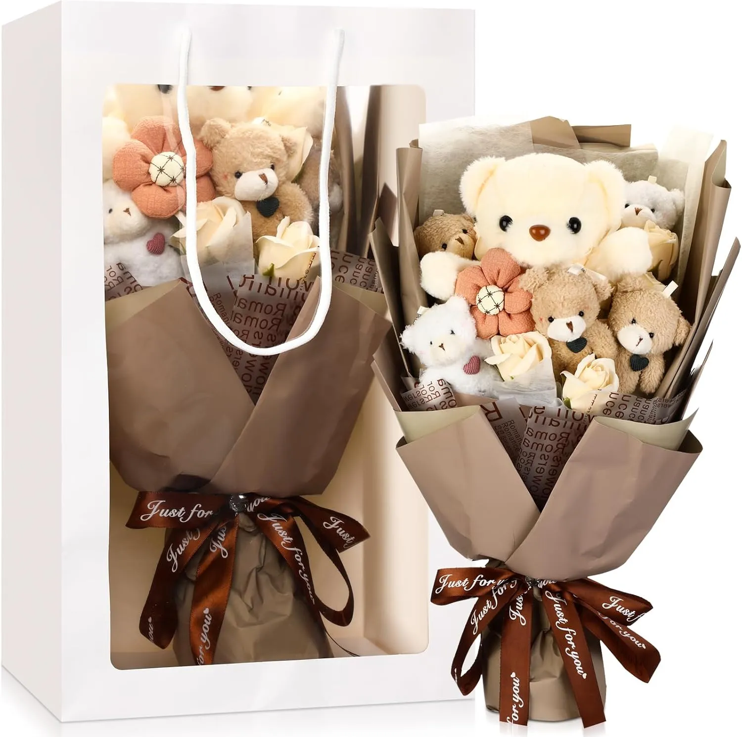to School Gift for Teacher Bear Flower Bouquet Cute Bear Plush Bouquet with Soap Rose Clear headquarter misdeed Window Bag Flower Stuffed Animal for Students Wedding Anniversary Birthday(Cute Style) HyDren 2025 Back 