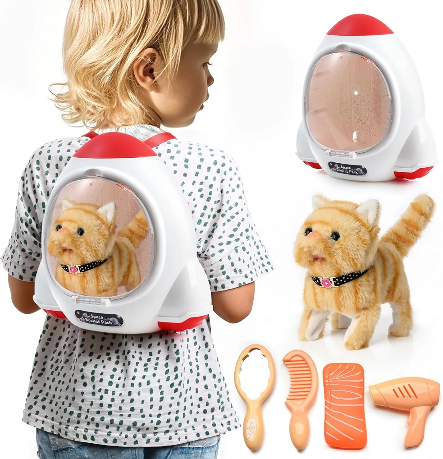 Toddlers & Kids (Yellow) Electronic Interactive Plush Cat- Battery Operated Mechanical Walking Little Pet originate Kitten with a Cute Bag, Meow Tail Wagging, Stretching Companion Animal for 