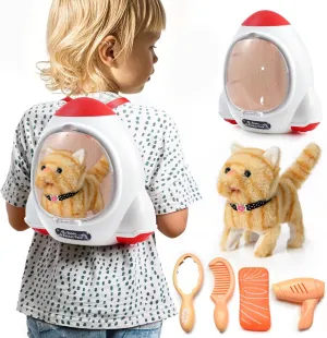 Toddlers & Kids (Yellow) Electronic Interactive Plush Cat- Battery Operated Mechanical Walking Little Pet originate Kitten with a Cute Bag, Meow Tail Wagging, Stretching Companion Animal for 