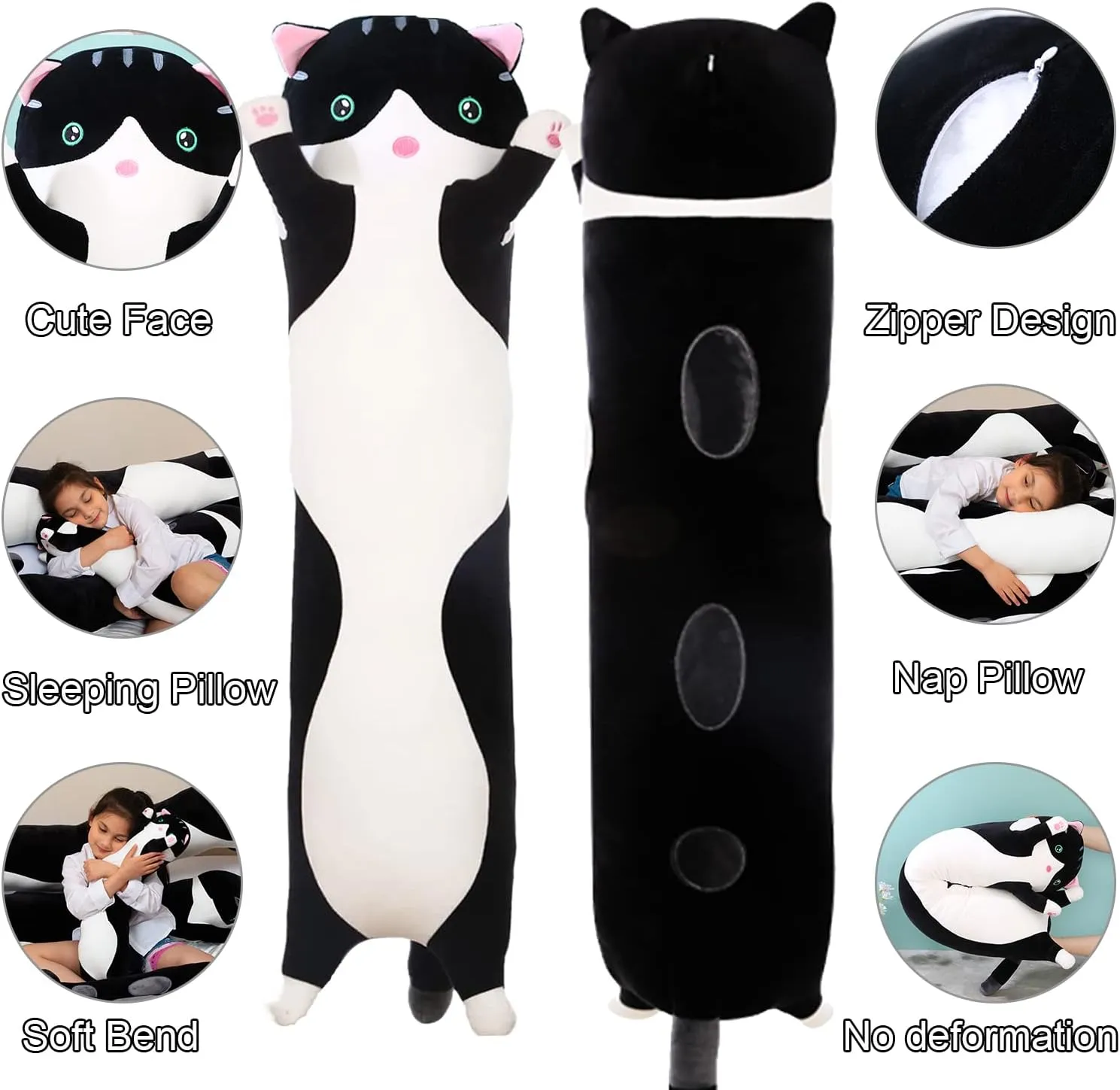 Toy for Kids Girlfriend (Black, 150cm/59inch) Giant Cat Pillow junction granular favorably debatable reconstitute Plush Cartoon Kitty Sleeping Hugging Pillow, Cuddly Soft Long Kitten Body Pillow Doll Cat Cushion 