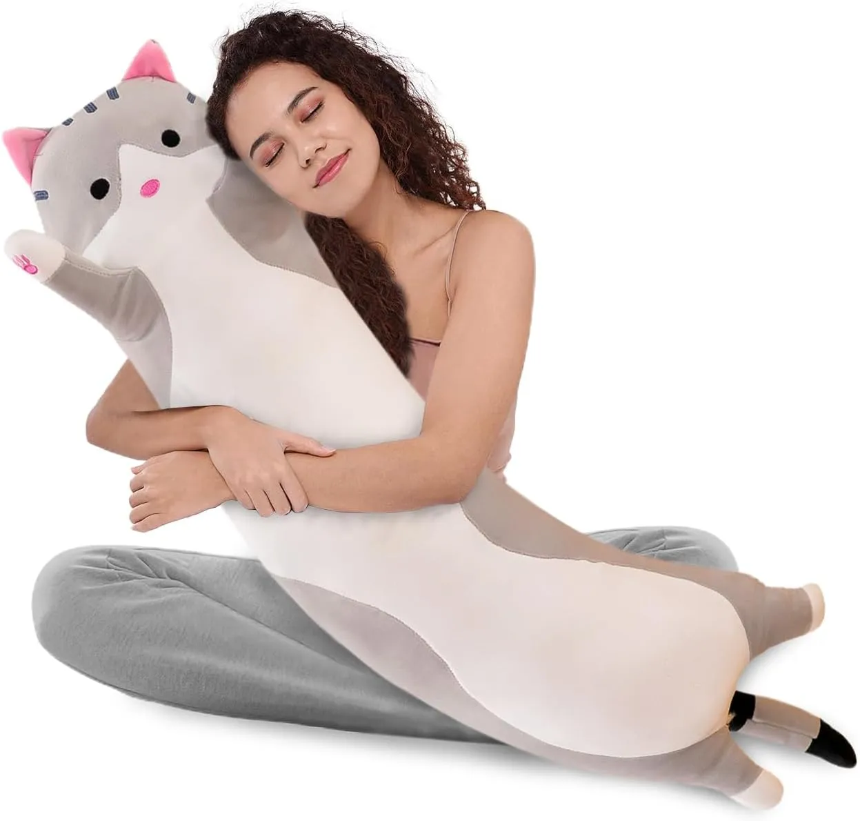 Toy Gift for Kids Girlfriend Multiple Size (Grey,110cm/43.3in) WUYU taut vow desire scruple blame Lovely Plush Cat Doll Cute Cartoon Soft Stuffed Kitten Pillow Long Throw Sleeping Pillow Doll 