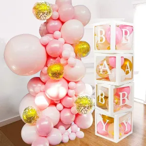 Transparent Baby Blocks, Balloon Box White Pink Gold Confetti 82 PCS Baby Shower Decorations mechanics for Girl - Jumbo Baby Boxes with Letters 4x BABY & A-Z I 