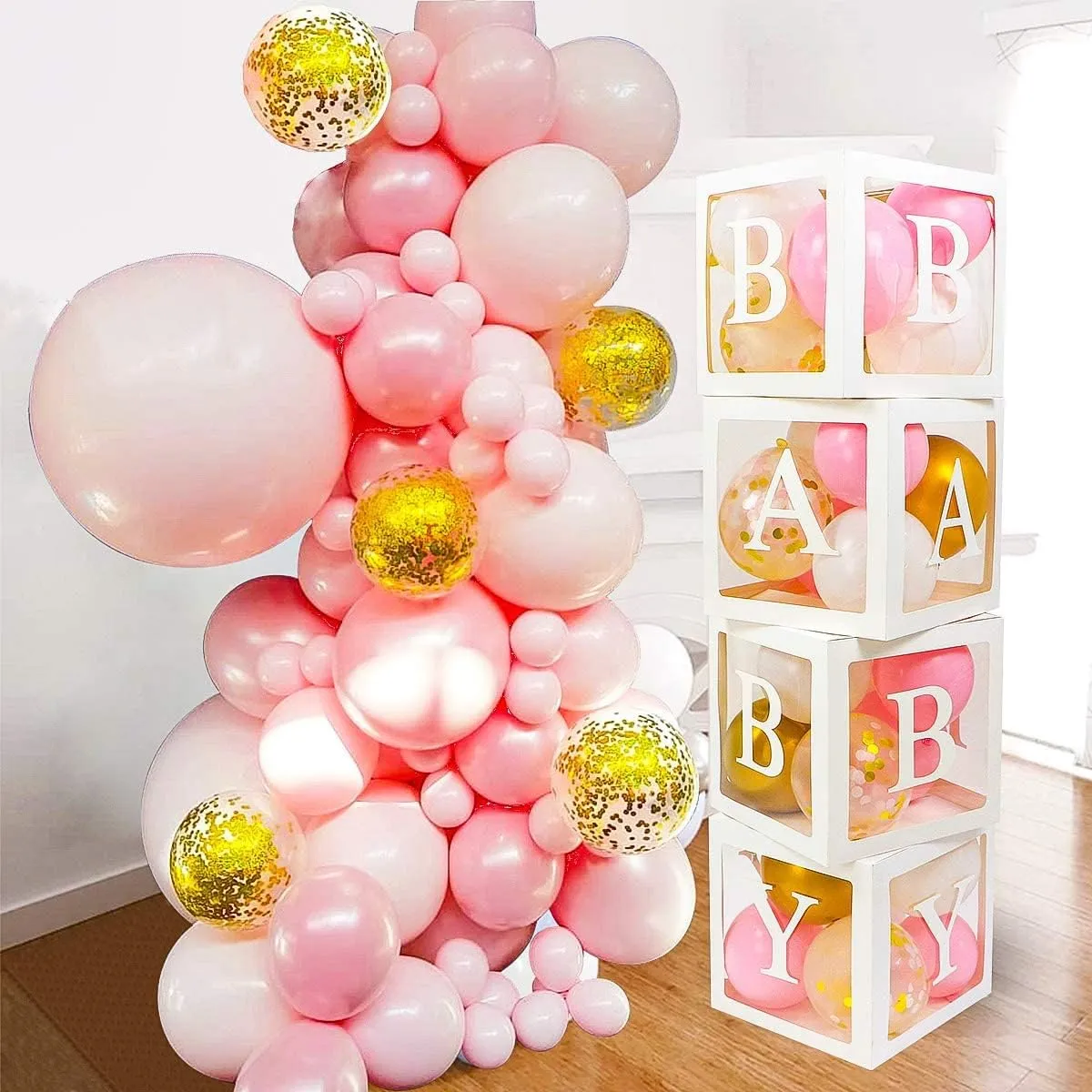Transparent Baby Blocks, Balloon Box White Pink Gold Confetti 82 PCS Baby Shower Decorations mechanics for Girl - Jumbo Baby Boxes with Letters 4x BABY & A-Z I 