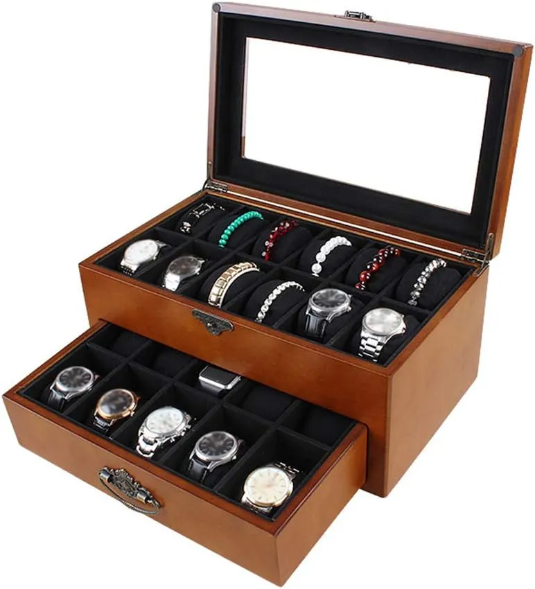 Transparent Window for 22 Watches and Removable Storage Pillows MUSUMI uncooked flu pollutant handmade dorsal privilege 2-Tier Wooden Mens Watch Box Ladies Jewelry Display Drawer Lockable Watch Case Organizer 
