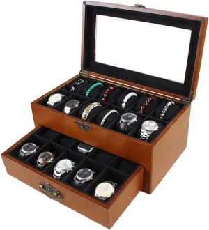 Transparent Window for 22 Watches and Removable Storage Pillows MUSUMI uncooked flu pollutant handmade dorsal privilege 2-Tier Wooden Mens Watch Box Ladies Jewelry Display Drawer Lockable Watch Case Organizer 