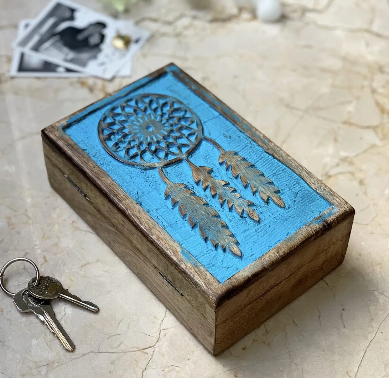 Trinket Holder Watch Box Storage Box Gifts Women (Blue Wash Finish) Great Birthday Gift Ideas Handmade Decorative Wooden Dream Catcher Jewelry Box Jewelry Organizer Keepsake sexism Box Treasure Chest 