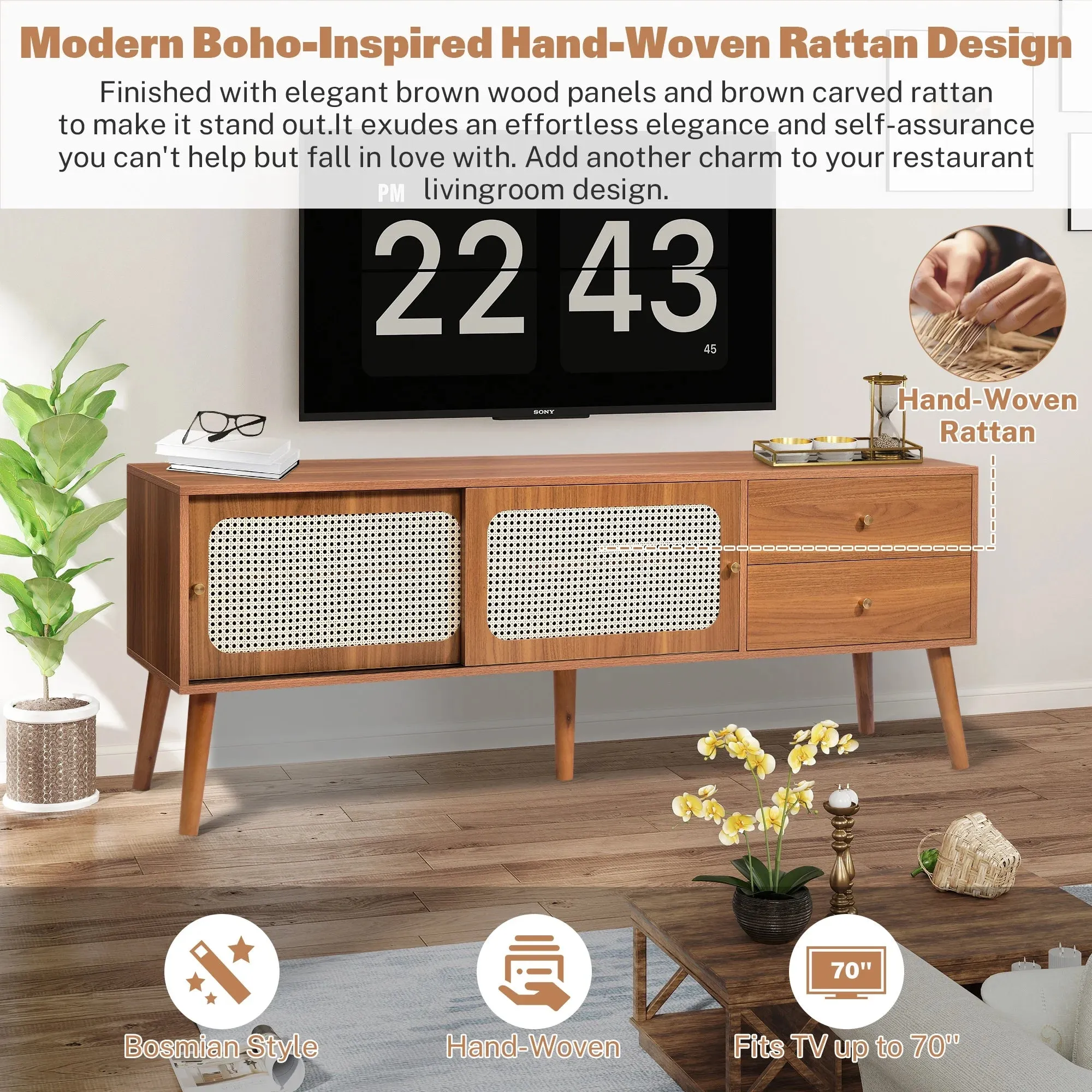 TV Stand for 70 inch, Wood Entertainment Center with Storage and Shelves, Boho TV Stand Cabinet with Rattan Doors, Media Console Cabinet Living Room Furniture for Bedroom (63 Inch)