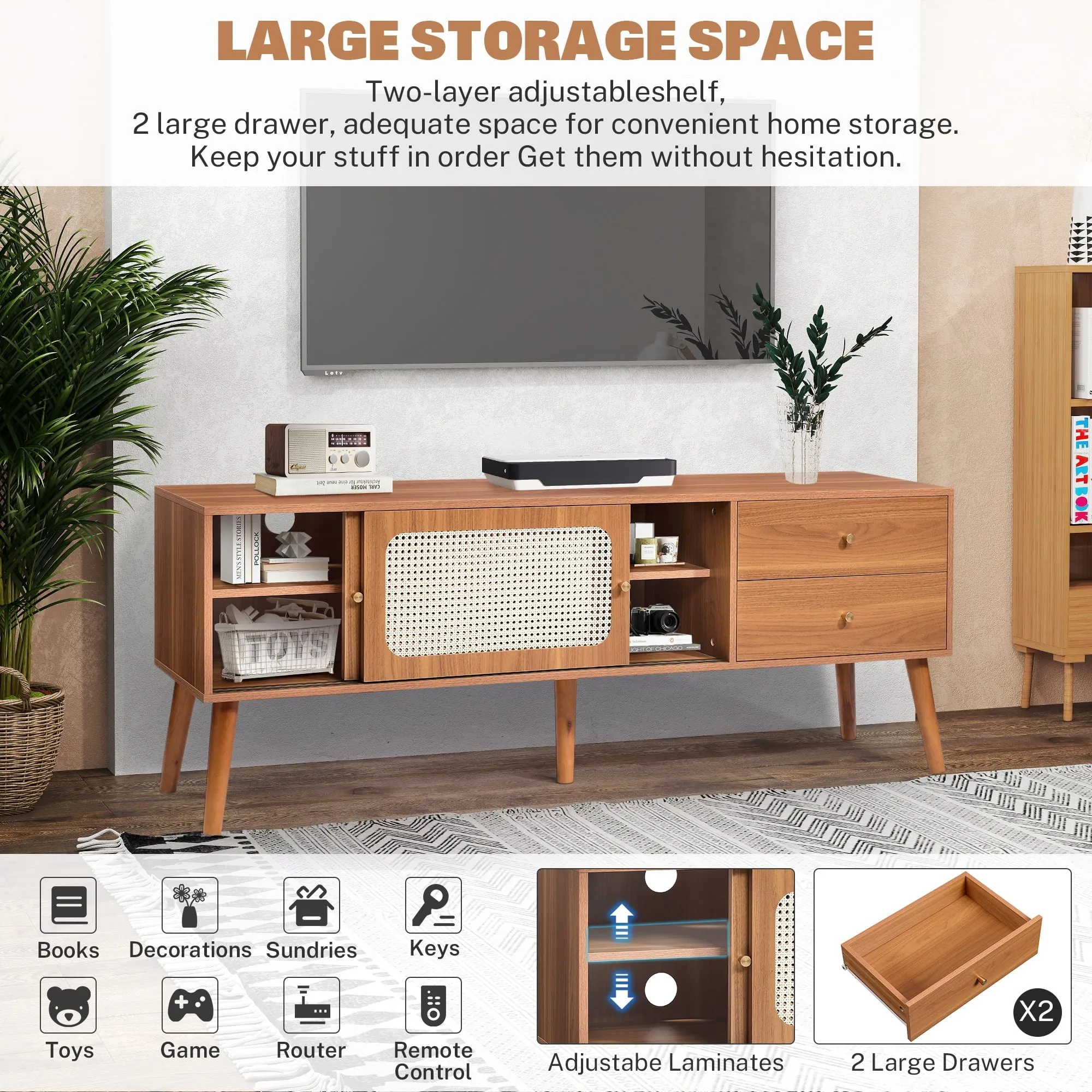 TV Stand for 70 inch, Wood Entertainment Center with Storage and Shelves, Boho TV Stand Cabinet with Rattan Doors, Media Console Cabinet Living Room Furniture for Bedroom (63 Inch)