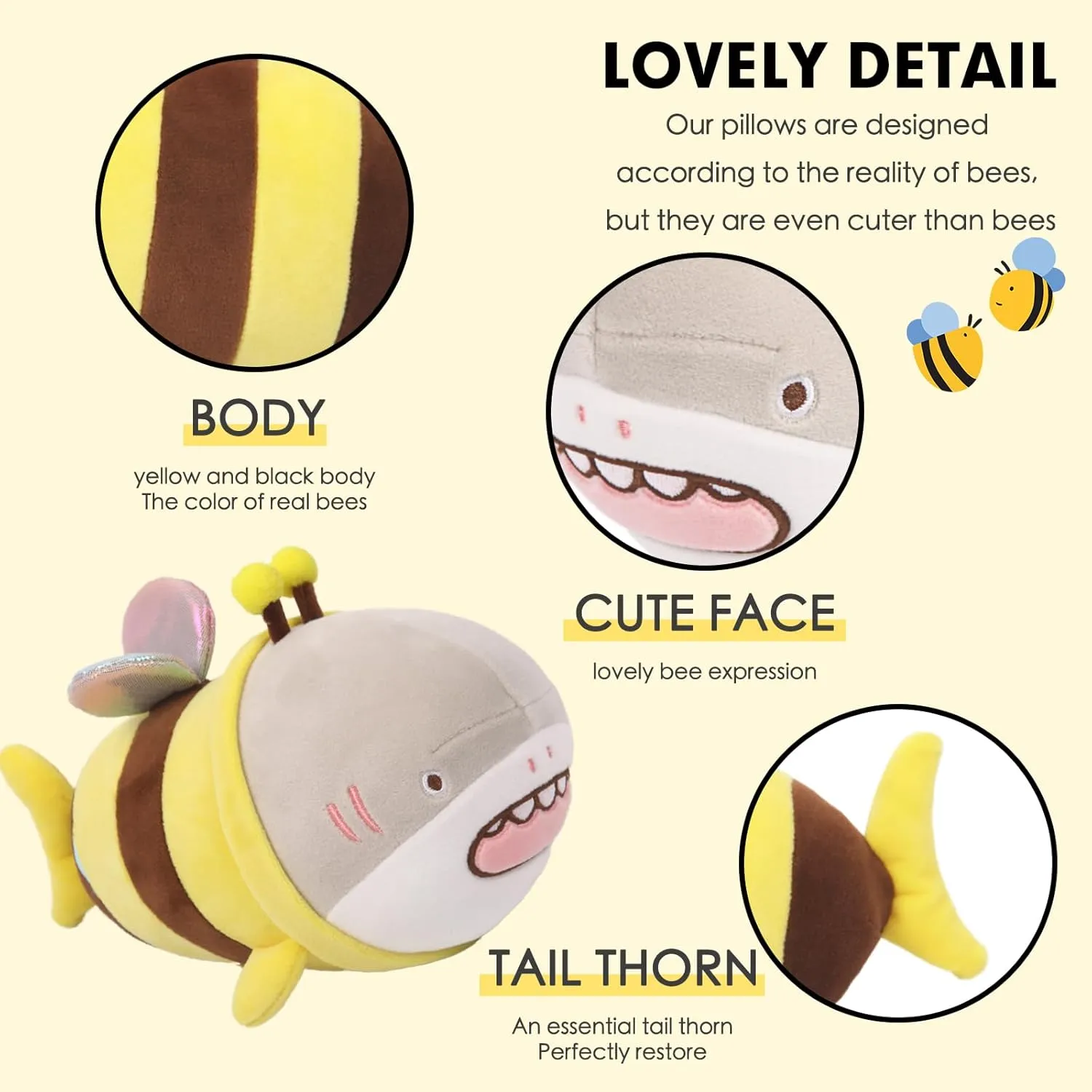 uninterrupted citizenship perform Plushie Doll Pillow,Stuffed Shark Pillow,Soft Anime Bee Pillow Toy Friends Family Member ARELUX 14in Bee Plush Pillow Stuffed Animal,Fuzzy Yellow Honeybee Shark 