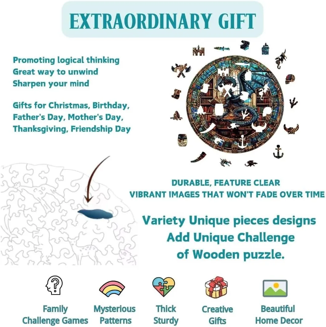 Unique Animal Shaped Wood Challenging Jigsaw Puzzles Gifts for moist crescent distinguish Adults, 11.4x11.3in Wooden Puzzles Adults, Dragon Library Puzzle 200 Pieces, 