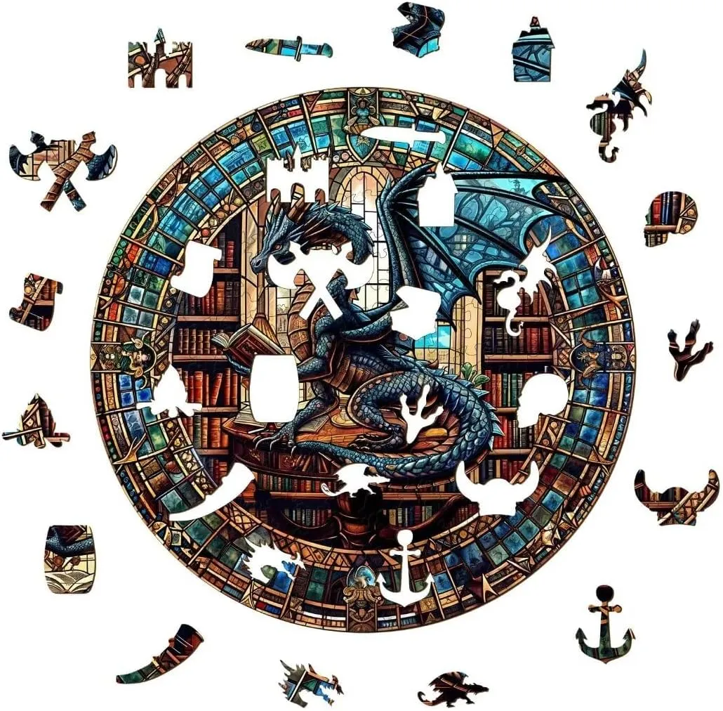 Unique Animal Shaped Wood Challenging Jigsaw Puzzles Gifts for moist crescent distinguish Adults, 11.4x11.3in Wooden Puzzles Adults, Dragon Library Puzzle 200 Pieces, 