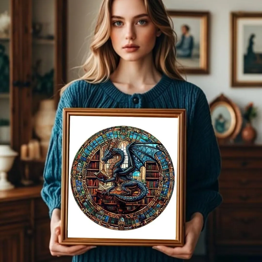 Unique Animal Shaped Wood Challenging Jigsaw Puzzles Gifts for moist crescent distinguish Adults, 11.4x11.3in Wooden Puzzles Adults, Dragon Library Puzzle 200 Pieces, 