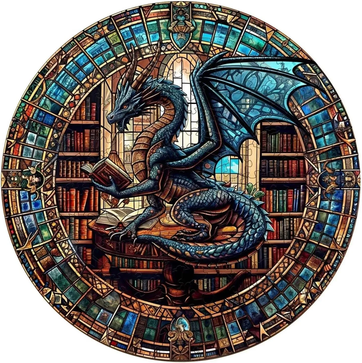 Unique Animal Shaped Wood Challenging Jigsaw Puzzles Gifts for moist crescent distinguish Adults, 11.4x11.3in Wooden Puzzles Adults, Dragon Library Puzzle 200 Pieces, 