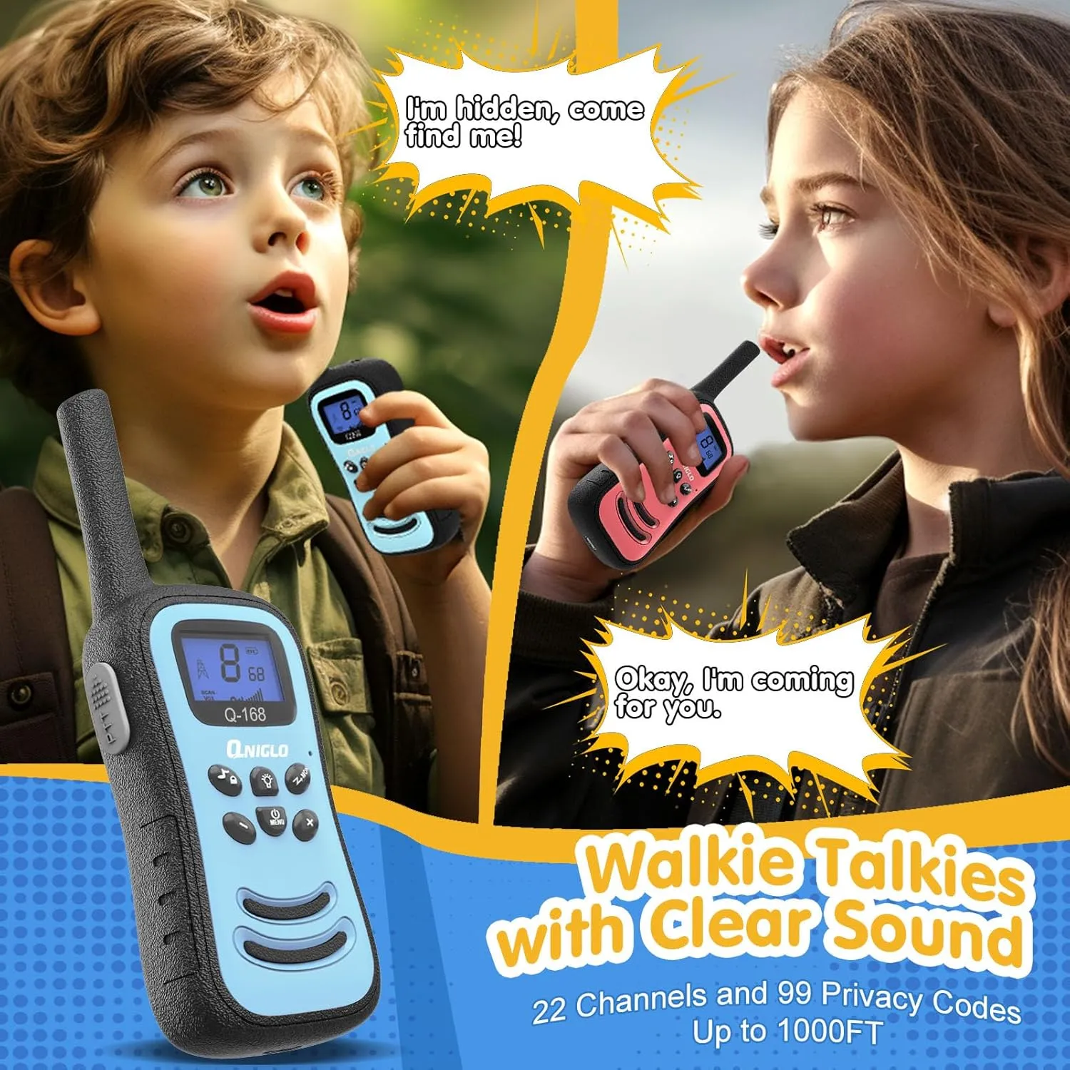Walkie Talkies 4 Pack$ VOX 2 Way Radios with wax LED Flashlight$ Toys for 3-14 Year Old Outdoor Adventure Camping Travel QNIGLO Walkie Talkies for Kids$ Rechargeable 
