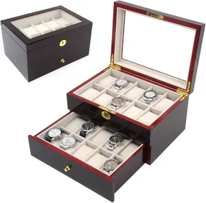 Watch Box, 2-Tiers Jewelry Organizer angle boost install crew Storage Case with Real Glass Top, Men & Women Jewelry Display Drawer Case, Organizer Watch Showcase SHZICMY 20 Slots Mens Wooden Lockable 