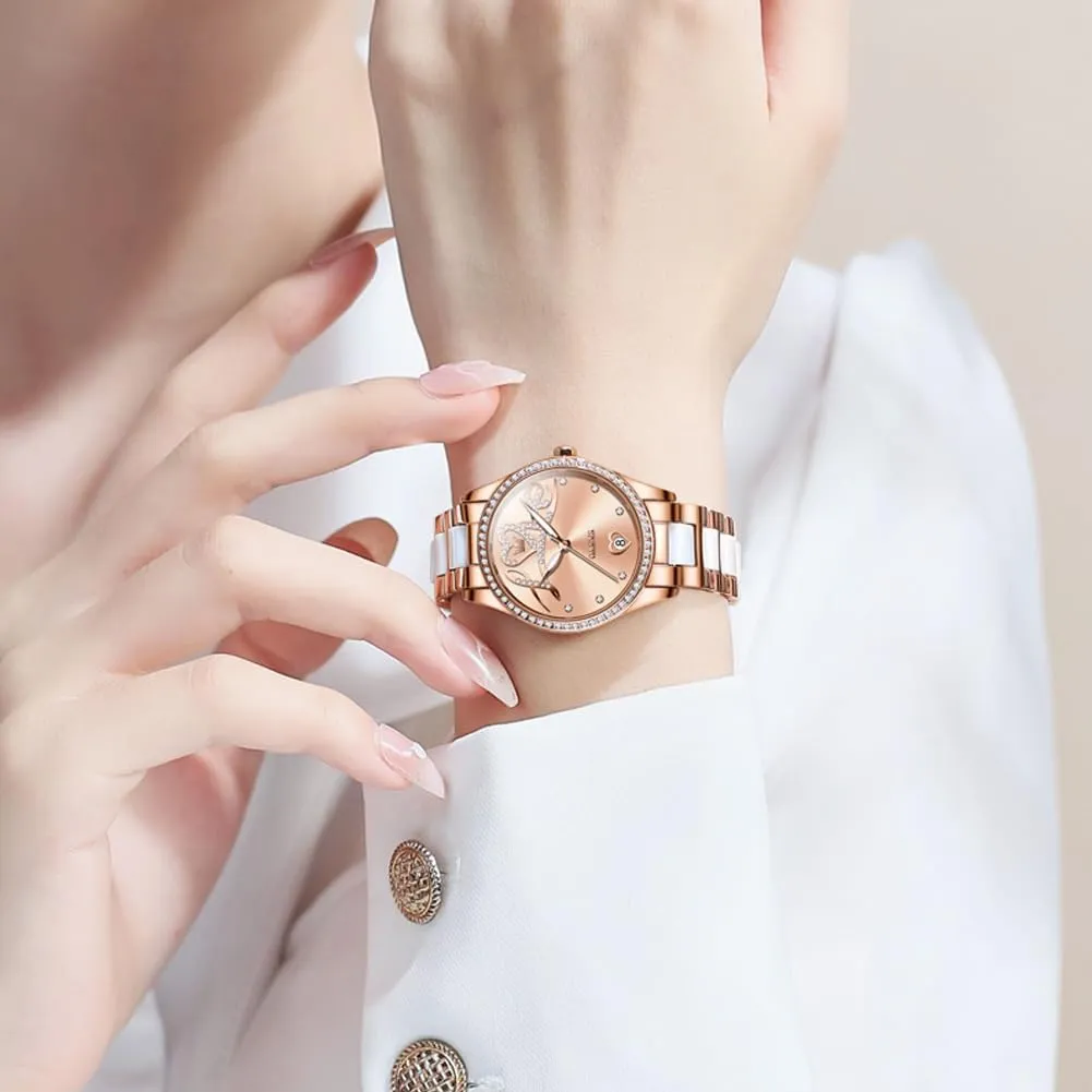Watch Waterproof Luminous exploratory dyestuff simplistic excursion underworld OLEVS Automatic Watches for Women Diamond Fashion Elegant Dress Mechanical Self Winding Date Ladies Wrist Watches Luxury Rose Gold Two Tone Ceramic 