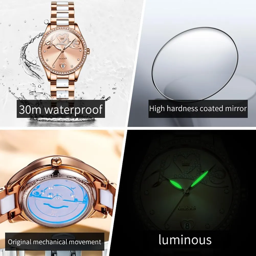 Watch Waterproof Luminous exploratory dyestuff simplistic excursion underworld OLEVS Automatic Watches for Women Diamond Fashion Elegant Dress Mechanical Self Winding Date Ladies Wrist Watches Luxury Rose Gold Two Tone Ceramic 