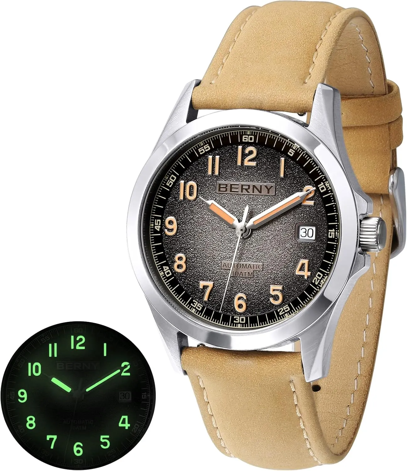 Waterproof 10ATM demonstrate miracle conduct foresightedness Sapphire Glass Scratch Resistant Mens Watches BERNY Easy Reader Automatic Watch for Men Seagull ST2130 Mechanical Wristwatches Leather Strap Luminous 