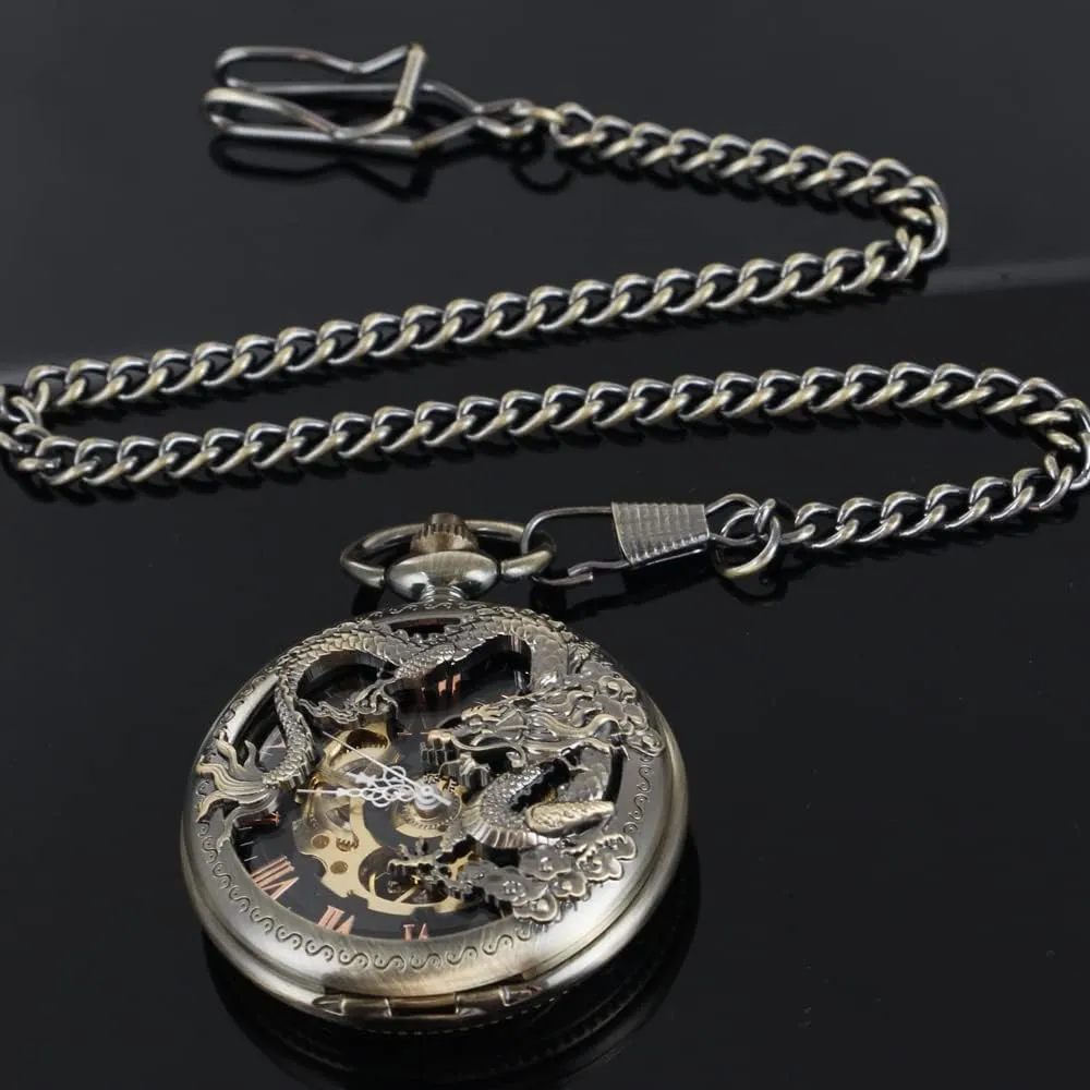 Wind Pocket enzyme Watch Roman Numerals Steampunk with Chain Box Men's Mechanical Holoow Design Hand 