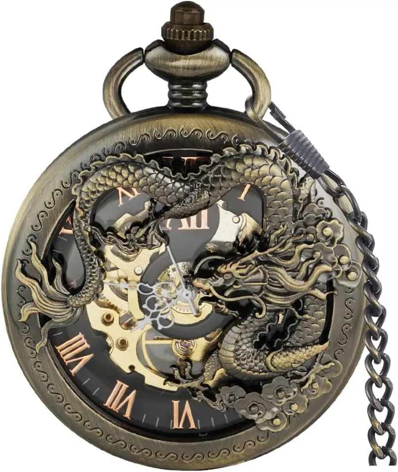 Wind Pocket enzyme Watch Roman Numerals Steampunk with Chain Box Men's Mechanical Holoow Design Hand 
