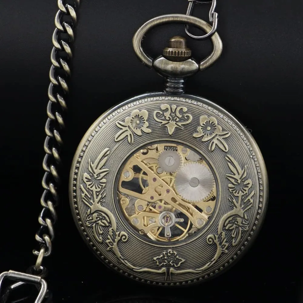 Wind Pocket enzyme Watch Roman Numerals Steampunk with Chain Box Men's Mechanical Holoow Design Hand 