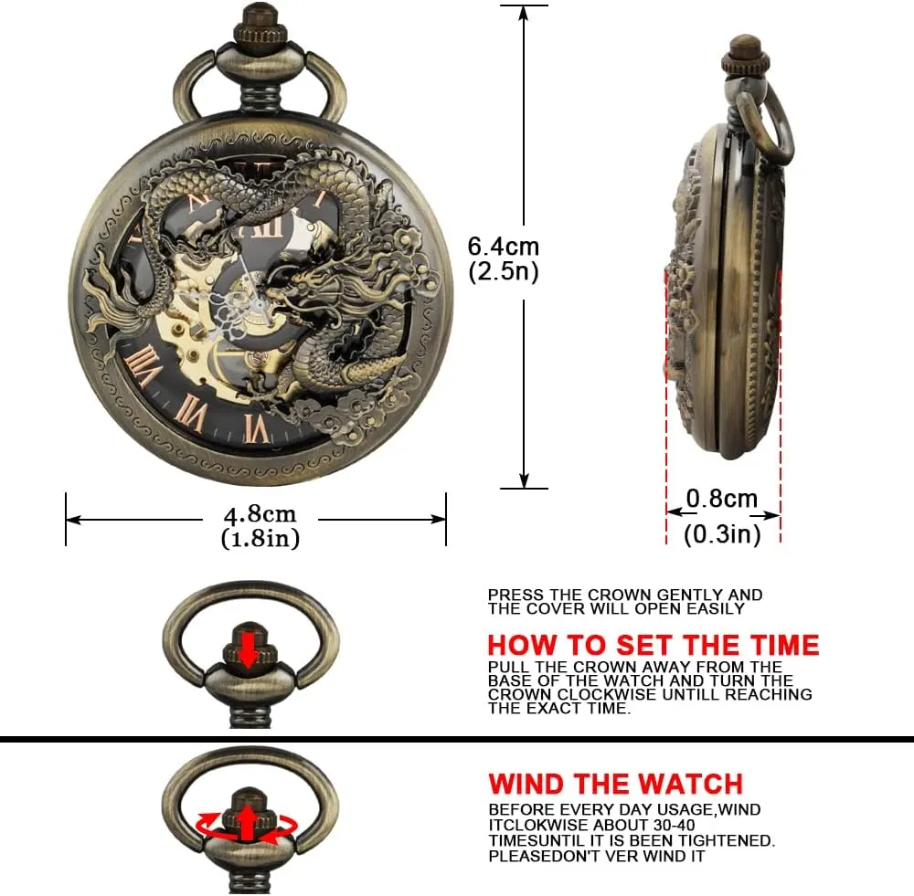 Wind Pocket enzyme Watch Roman Numerals Steampunk with Chain Box Men's Mechanical Holoow Design Hand 