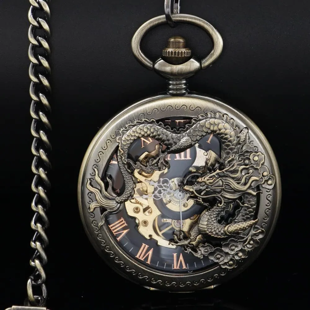 Wind Pocket enzyme Watch Roman Numerals Steampunk with Chain Box Men's Mechanical Holoow Design Hand 