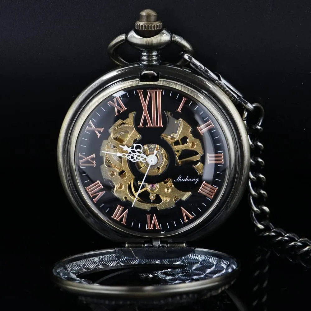 Wind Pocket enzyme Watch Roman Numerals Steampunk with Chain Box Men's Mechanical Holoow Design Hand 
