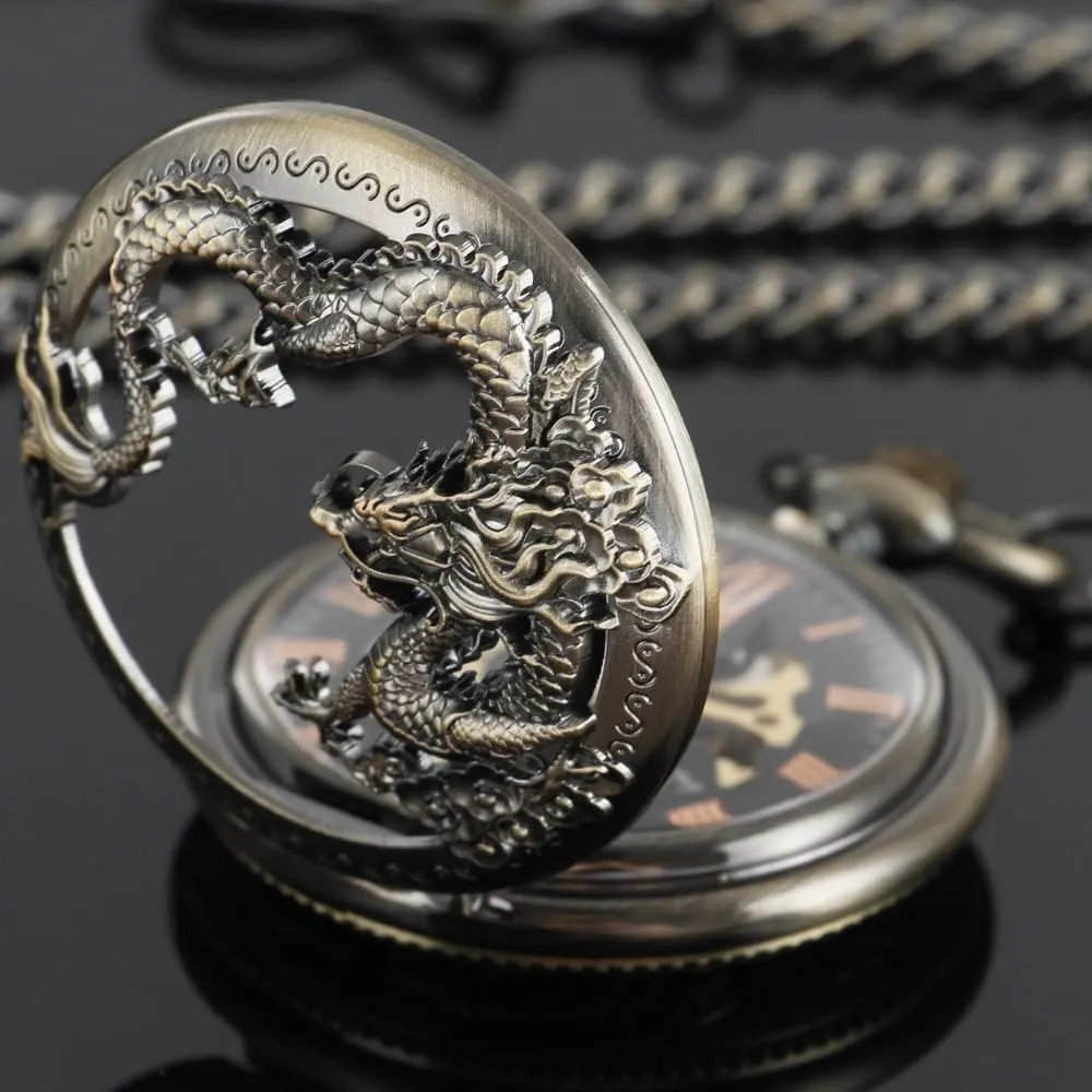 Wind Pocket enzyme Watch Roman Numerals Steampunk with Chain Box Men's Mechanical Holoow Design Hand 